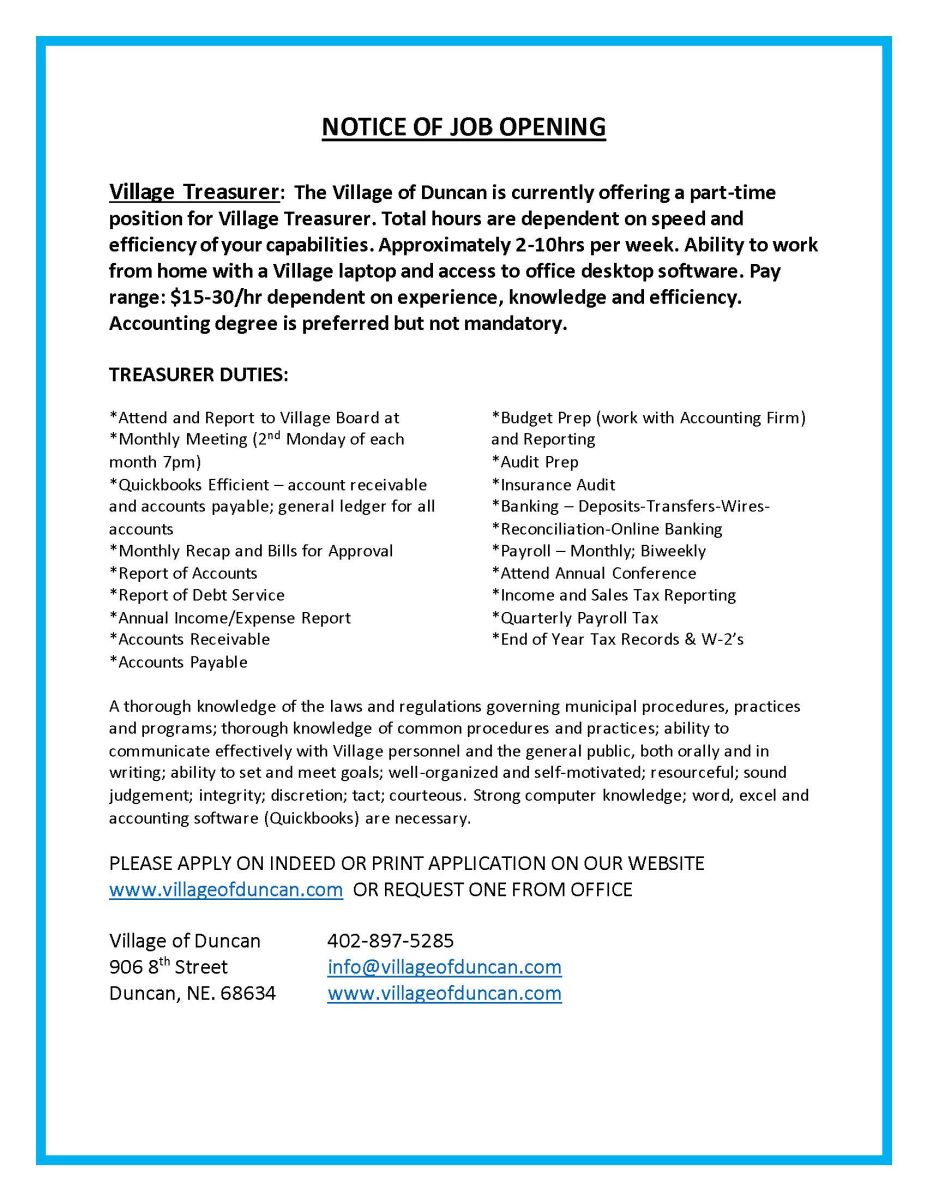 Treasurer Job Opening